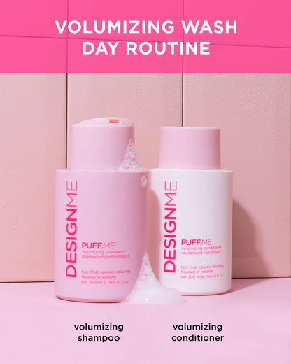 Two bottles of 'Design Me' volumizing shampoo and conditioner on a pink background with text about a day routine.