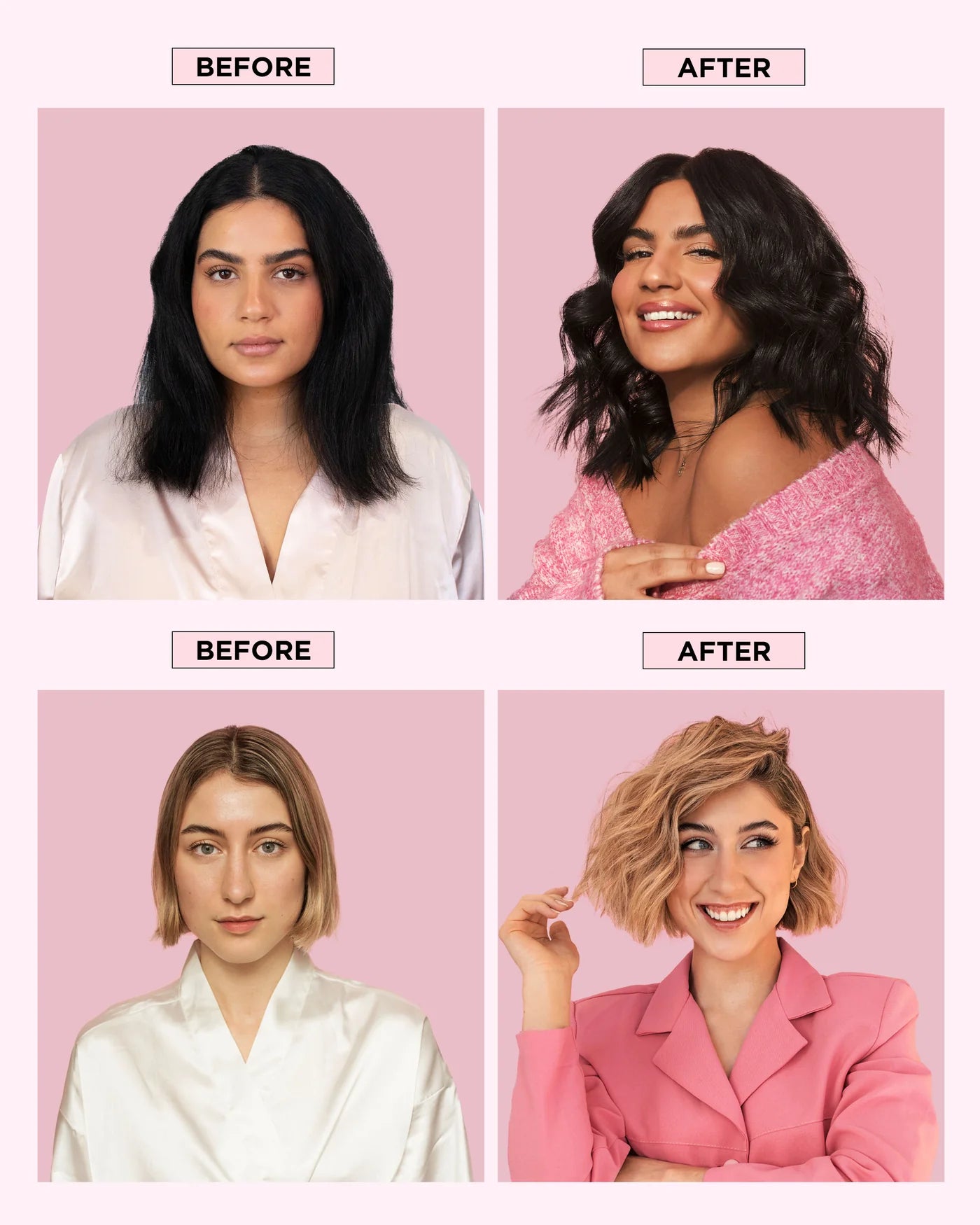 Before and after hair transformation images on a pink background