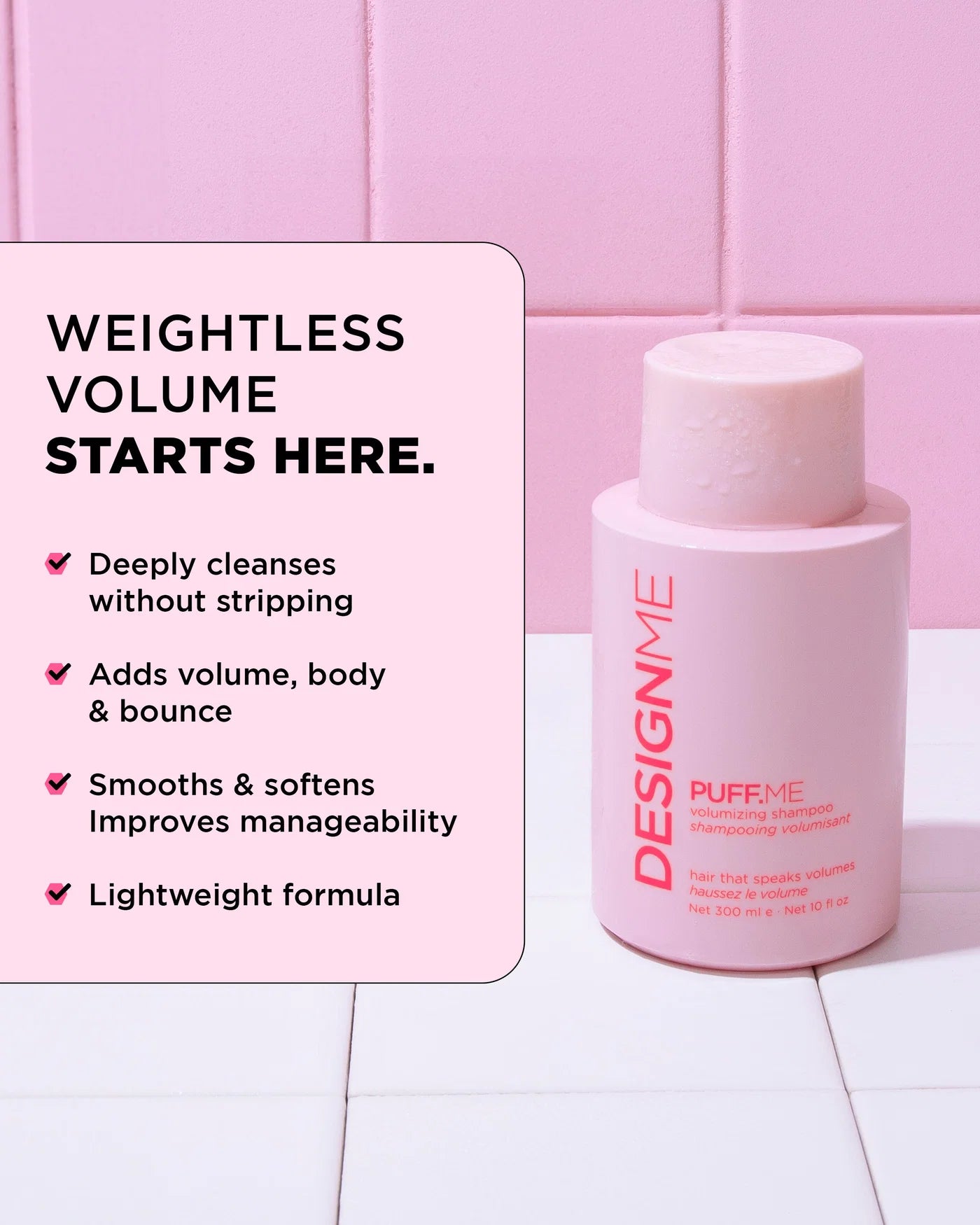 A pink bottle of PUFFME hair volume cream by DESIGNME stands on a white tiled surface against a pink tiled wall. A large text panel on the left reads 'WEIGHTLESS VOLUME STARTS HERE.