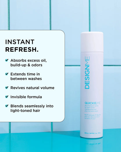 DesignMe hair product with features listed on a blue tiled background
