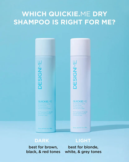 Two Design Me Quickie.Me dry shampoo bottles shown side by side on a light blue background, with text above reading 'WHICH QUICKIE.
