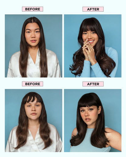 Before and after comparison of a woman with hair extensions on a blue background