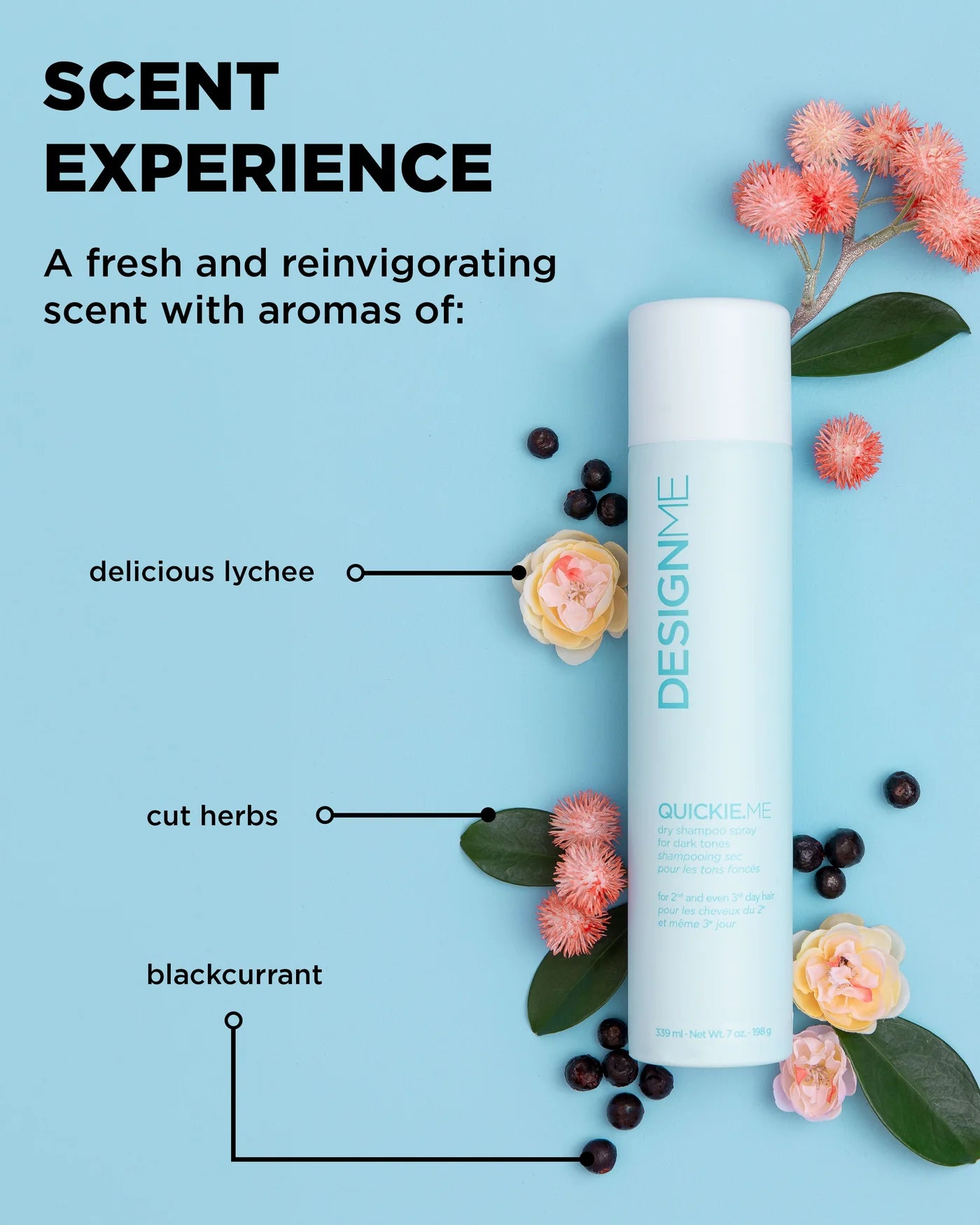 Designme hair product with floral and berry elements on a blue background
