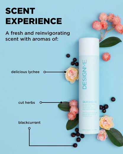 Designme hair product with floral and berry elements on a blue background