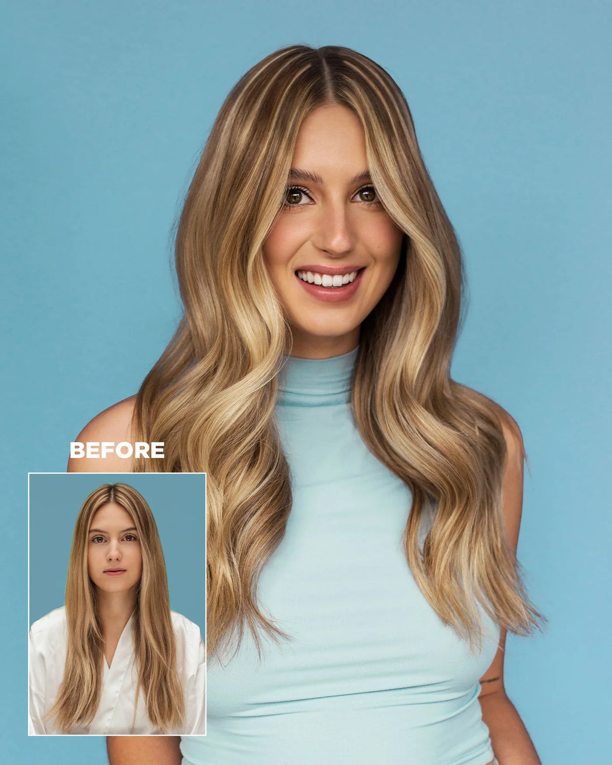 Woman with styled hair on a blue background, with an inset labeled 'Before'.