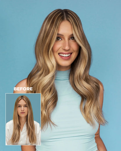 Woman with styled hair on a blue background, with an inset labeled 'Before'.