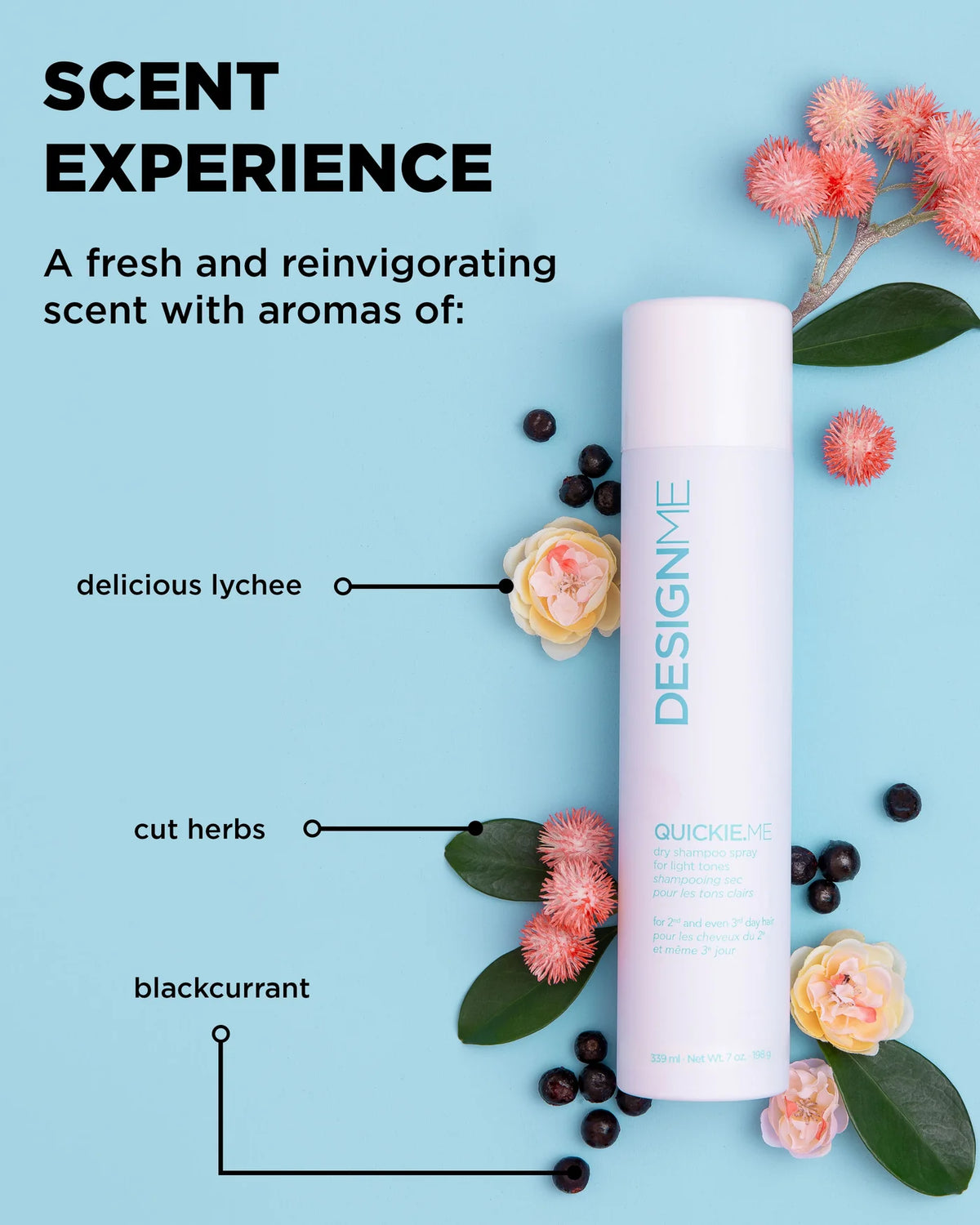 DESIGNME dry shampoo with scented elements on a blue background