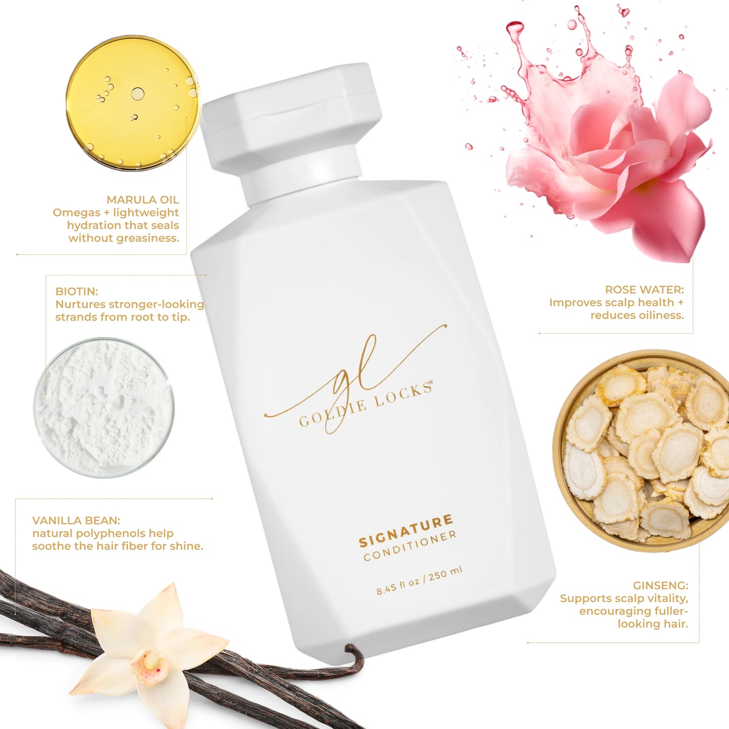 Goldie Locks Signature Conditioner ultra hydrating formula with marula oil biotin rose water and ginseng for smooth shiny hair