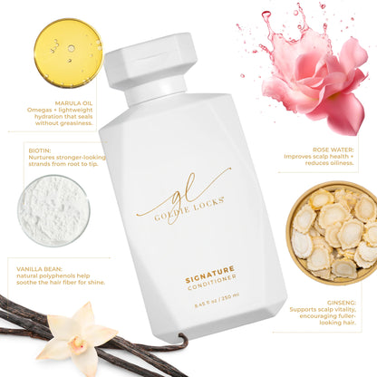 Goldie Locks Signature Conditioner ultra hydrating formula with marula oil biotin rose water and ginseng for smooth shiny hair