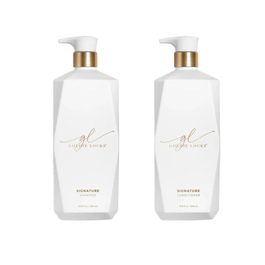 Goldie Locks Signature Shampoo and Conditioner liter bottles, a gentle, hydrating haircare duo for soft, healthy, and balanced hair