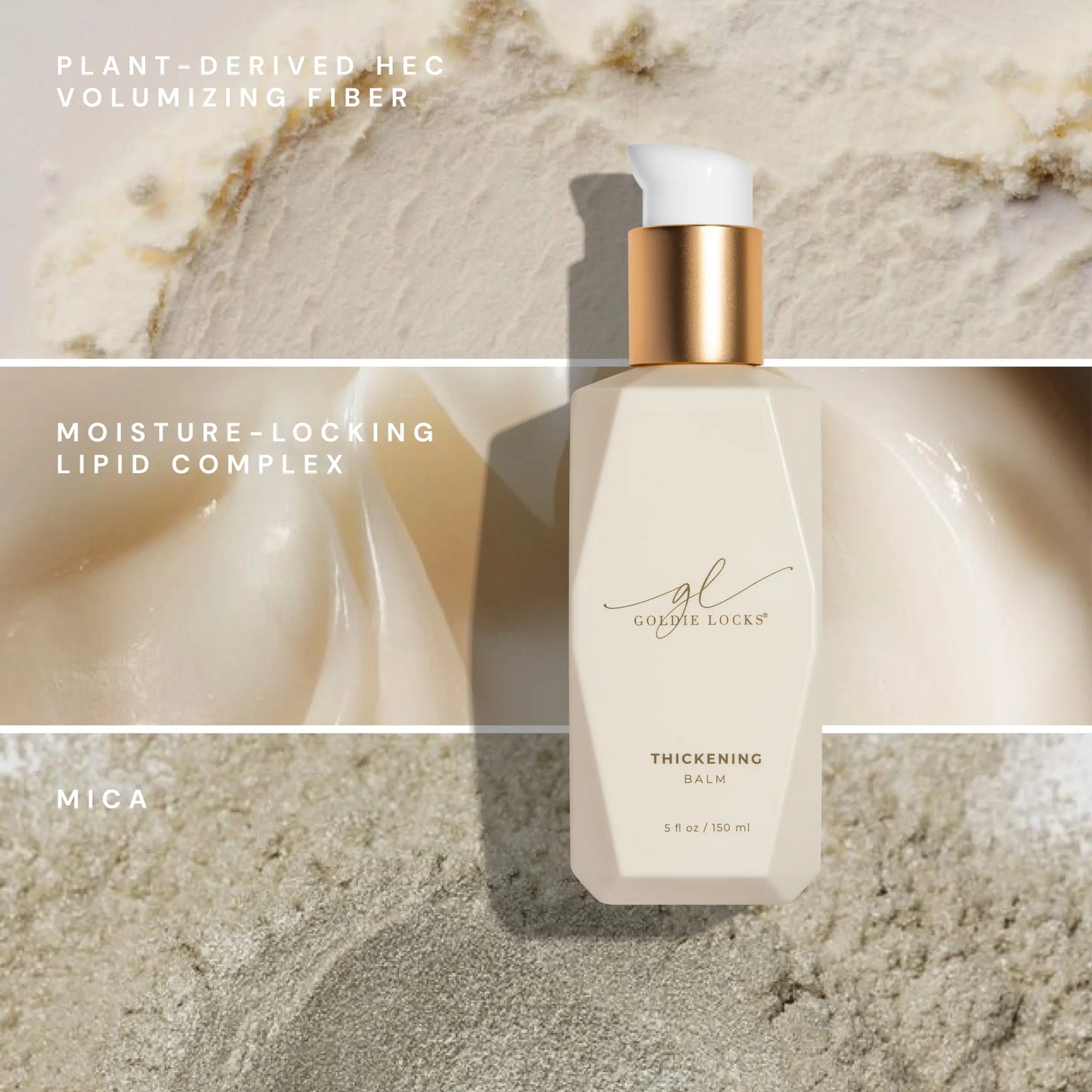 Goldie Locks Thickening Balm featuring plant-derived HEC volumizing fiber, moisture-locking lipid complex, and mica for lightweight fullness and shine