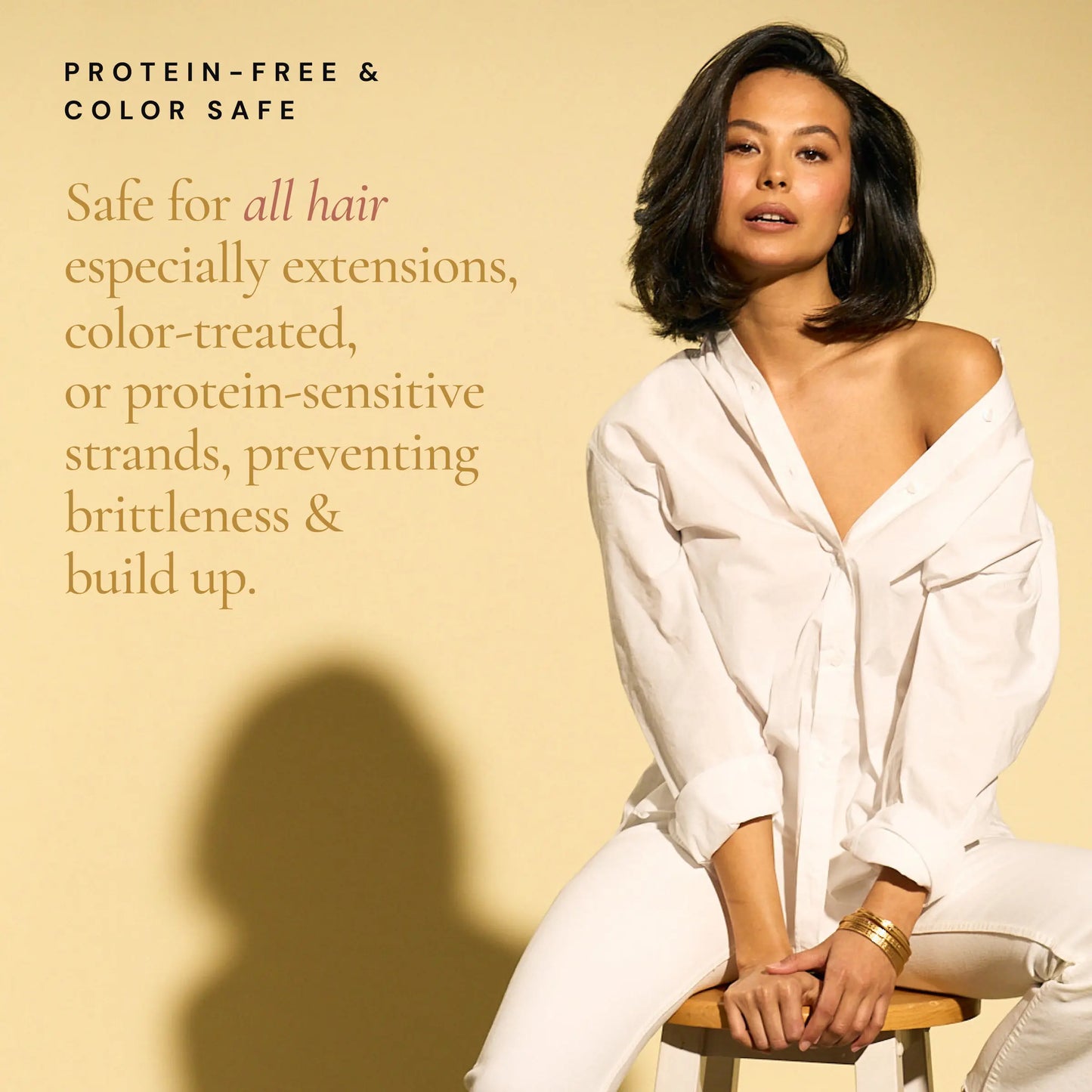 Goldie Locks Thickening Balm shown on healthy, voluminous hair; protein-free, color-safe, and safe for extensions