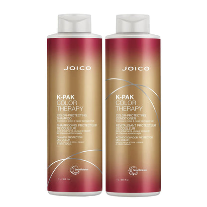 Two bottles of Joico K-Pak Color Therapy shampoo and conditioner on a white background
