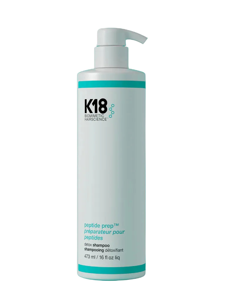 K18 Peptide Prep detox shampoo 16 oz removing buildup while protecting hair protein with K18 peptide technology