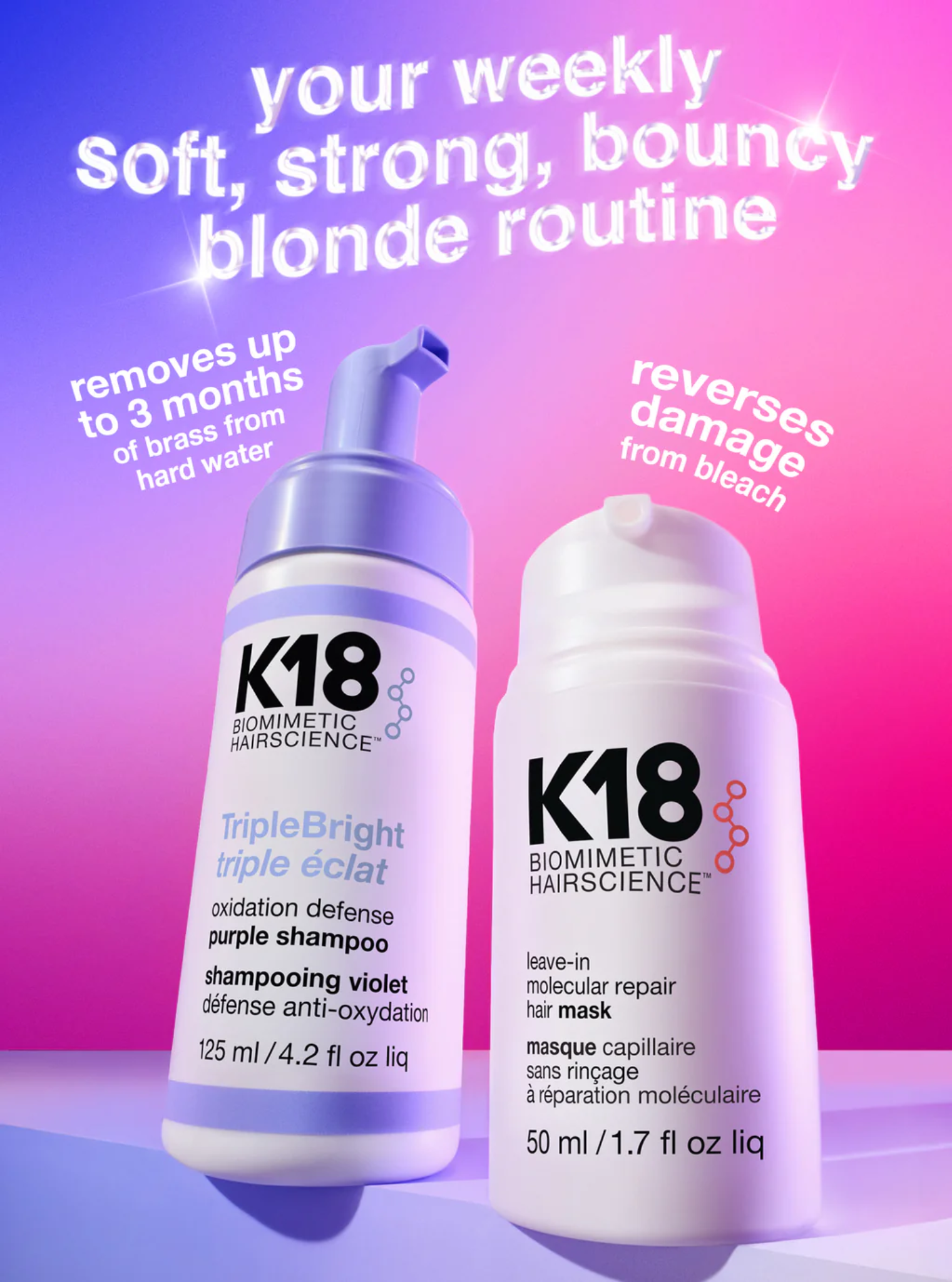 K18 purple shampoo and leave in mask routine for blonde hair repair strength and brass removal