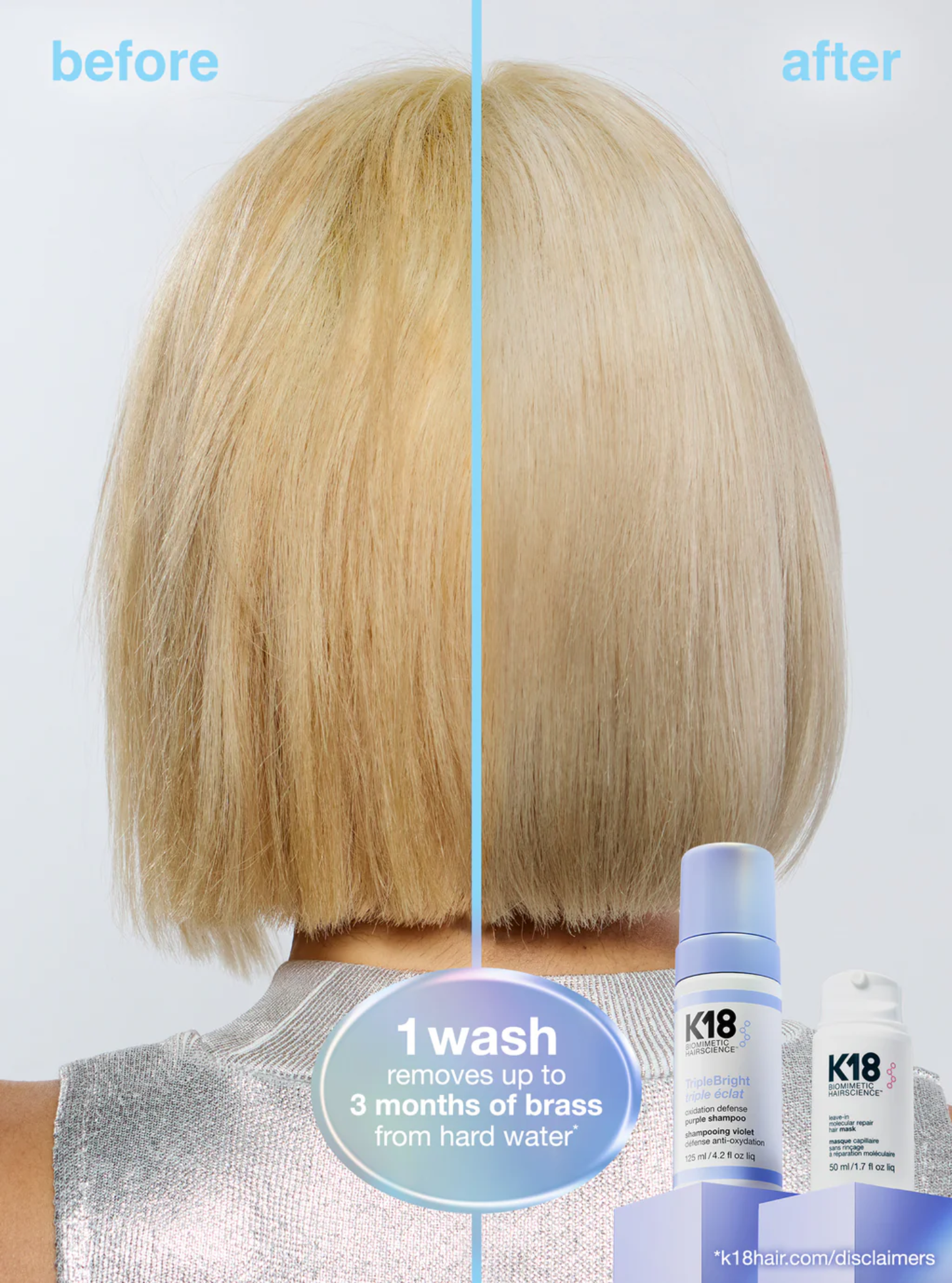 before and after blonde hair using K18 purple shampoo removing brass and brightening tone after one wash