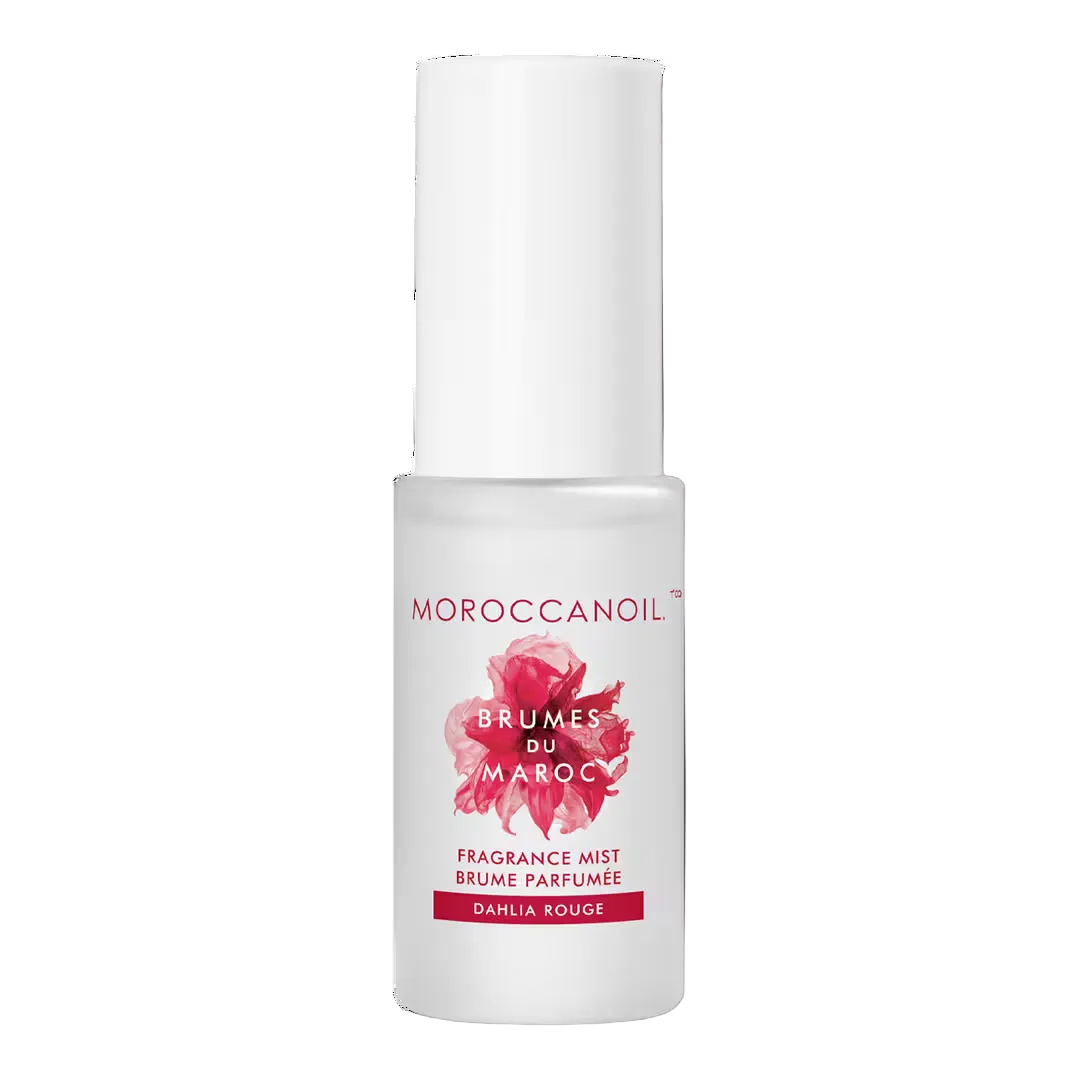 Moroccanoil Dahlia Rouge Hair and Body Fragrance Mist with floral dahlia design and notes of dahlia petals, pearl tuberose and sandalwood