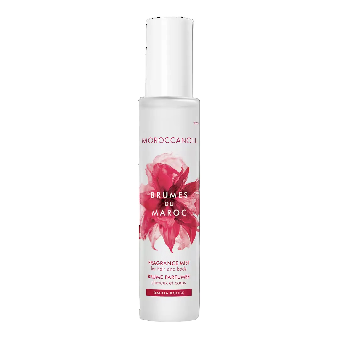 Moroccanoil Dahlia Rouge Hair and Body Fragrance Mist with floral dahlia design and notes of dahlia petals, pearl tuberose and sandalwood