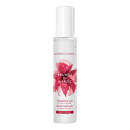 Moroccanoil Dahlia Rouge Hair and Body Fragrance Mist with floral dahlia design and notes of dahlia petals, pearl tuberose and sandalwood