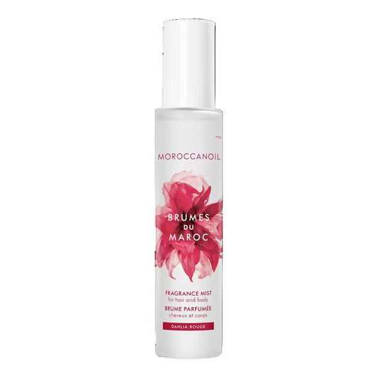 Moroccanoil Dahlia Rouge Hair and Body Fragrance Mist with floral dahlia design and notes of dahlia petals, pearl tuberose and sandalwood