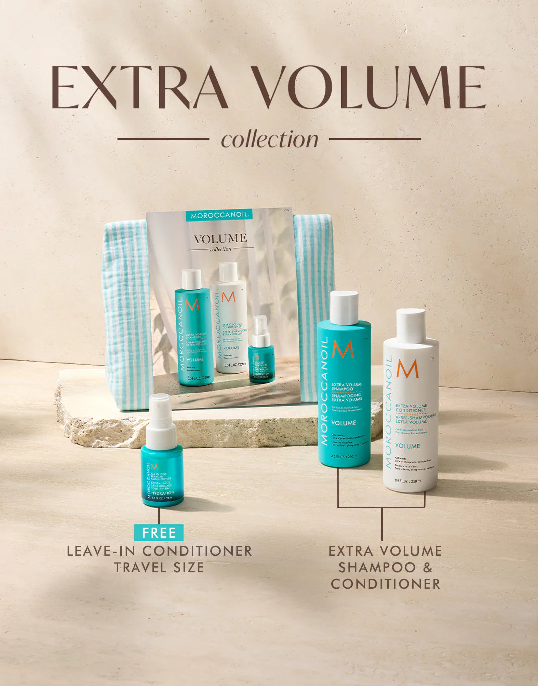 Moroccanoil Extra Volume Shampoo and Conditioner with travel-size Leave-In Conditioner for fine hair volume boost