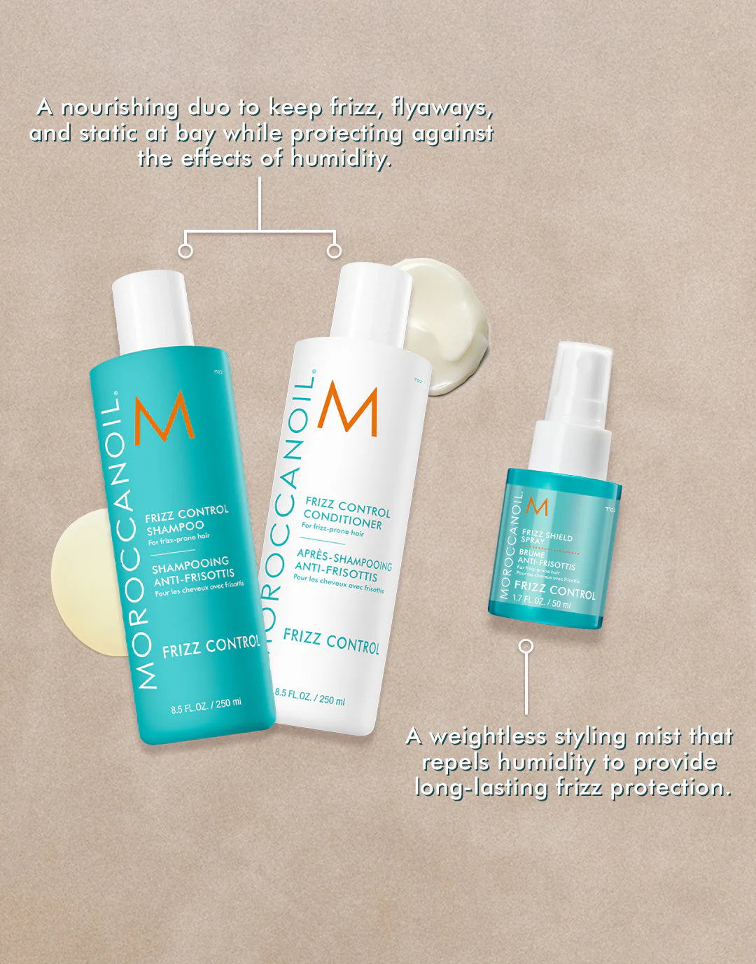 Moroccanoil Frizz Control Shampoo, Frizz Control Conditioner, and Frizz Shield Spray for anti-frizz and humidity protection