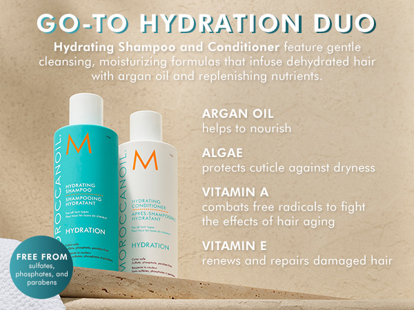 Moroccanoil Hydrating Shampoo and Conditioner liter duo with argan oil algae vitamin A and vitamin E benefits for hydration and shine