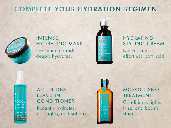 Moroccanoil hydration regimen including intense hydrating mask leave in conditioner styling cream and treatment oil for soft hydrated hair