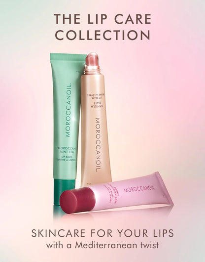 Moroccanoil lip care products on a gradient background with text 'The Lip Care Collection'.