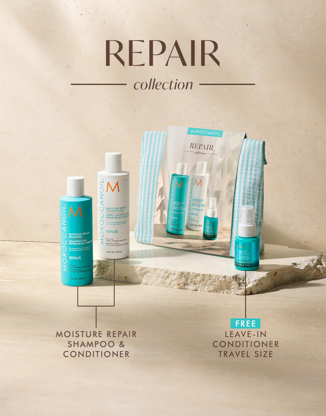 Moroccanoil Moisture Repair Spring Set with shampoo, conditioner and leave-in conditioner travel size