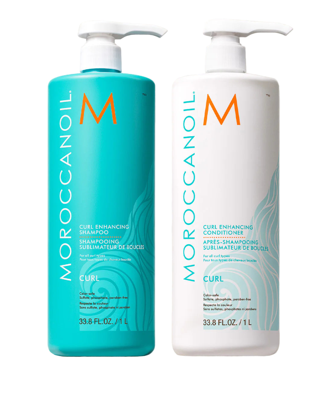 Two bottles of Moroccanoil Curl Enhancing Shampoo and Conditioner on a light background