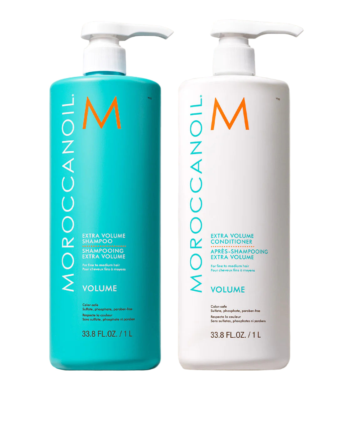 Moroccanoil shampoo and conditioner bottles on a light background