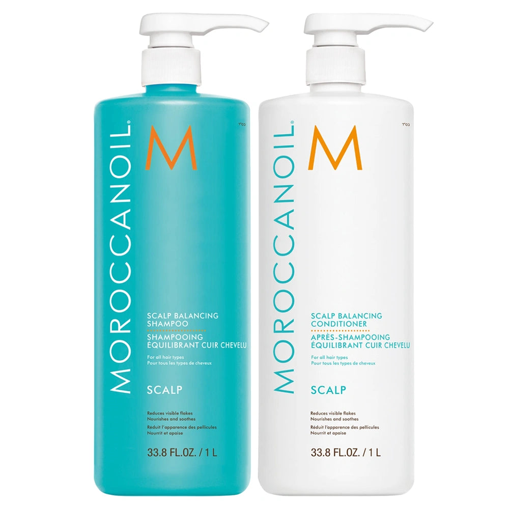 Moroccanoil scalp balancing shampoo and conditioner bottles on a white background