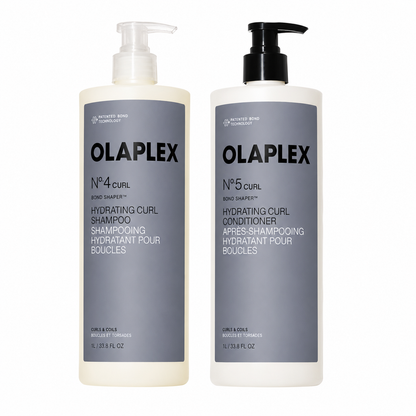 Olaplex curl bond shaper shampoo and conditioner liter duo on a white background