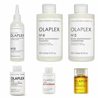Olaplex complete bond repair system featuring No.0, No.3 Plus, No.4 shampoo, No.5 conditioner, No.6 smoother, and No.7 bonding oil on white background