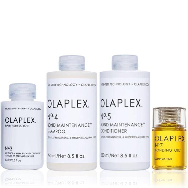 Professional Olaplex No.3, No.4, No.5 and No.7 bond repair hair care set for damaged and color-treated hair