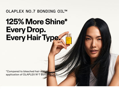 Model holding Olaplex No.7 Bonding Oil highlighting 125% more shine for all hair types with smoothing and shine benefits