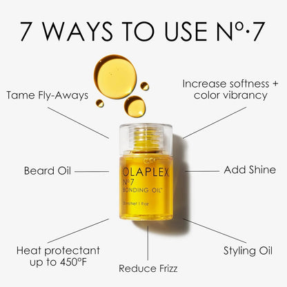 Olaplex No.7 Bonding Oil showing 7 ways to use including frizz reduction, heat protection, shine, styling, and softness enhancement