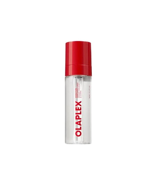 A clear cylindrical bottle with a bright red cap and red vertical OLAPLEX branding, centered on a plain white background.