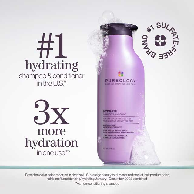 Pureology Hydrate Shampoo results showing 3x more hydration for dry and color-treated hair