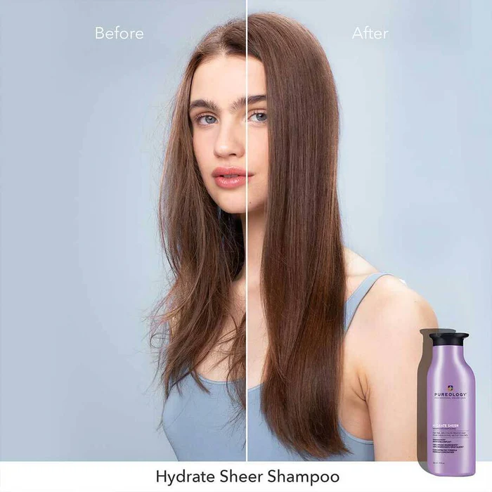 Before and after results using Pureology Hydrate showing smoother, more hydrated and healthier looking hair
