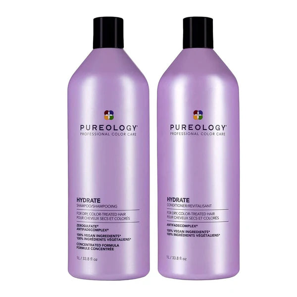 Two bottles of Pureology Hydrate shampoo and conditioner for dry, color treated hai.