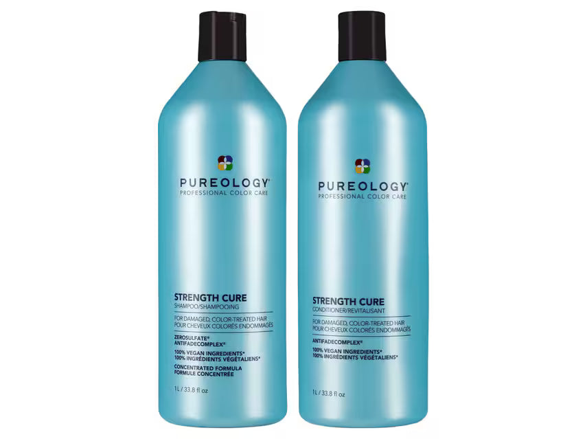 Pureology Strength Cure shampoo and conditioner liter duo for damaged, color-treated hair repair and strengthening