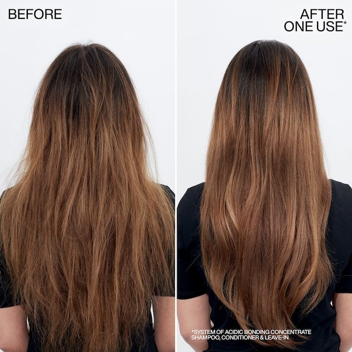 Before and after results using Redken Acidic Bonding Concentrate showing smoother, healthier, less damaged hair