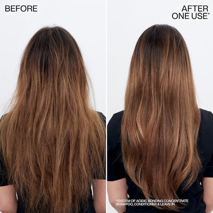 Before and after results using Redken Acidic Bonding Concentrate showing smoother, healthier, less damaged hair