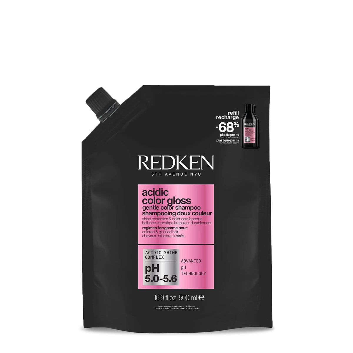 Redken Acidic Color Gloss Sulfate-Free Shampoo 16.9 oz 500 mL refill pouch for color-treated hair