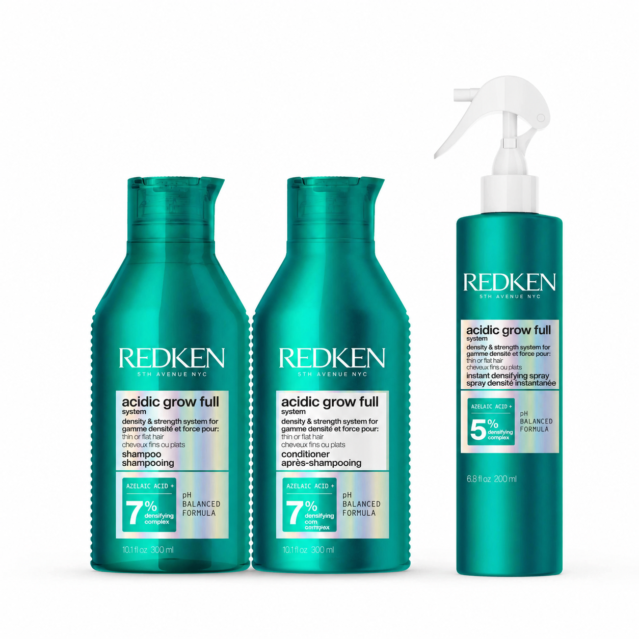 Redken Acidic Grow Full shampoo conditioner and densifying spray system for volume strength and thicker looking hair