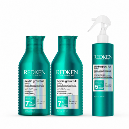 Redken Acidic Grow Full shampoo conditioner and densifying spray system for volume strength and thicker looking hair
