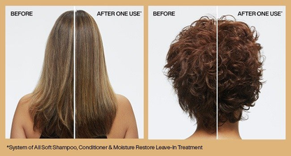 Before and after results using Redken All Soft shampoo showing improved softness smoothness and hydration