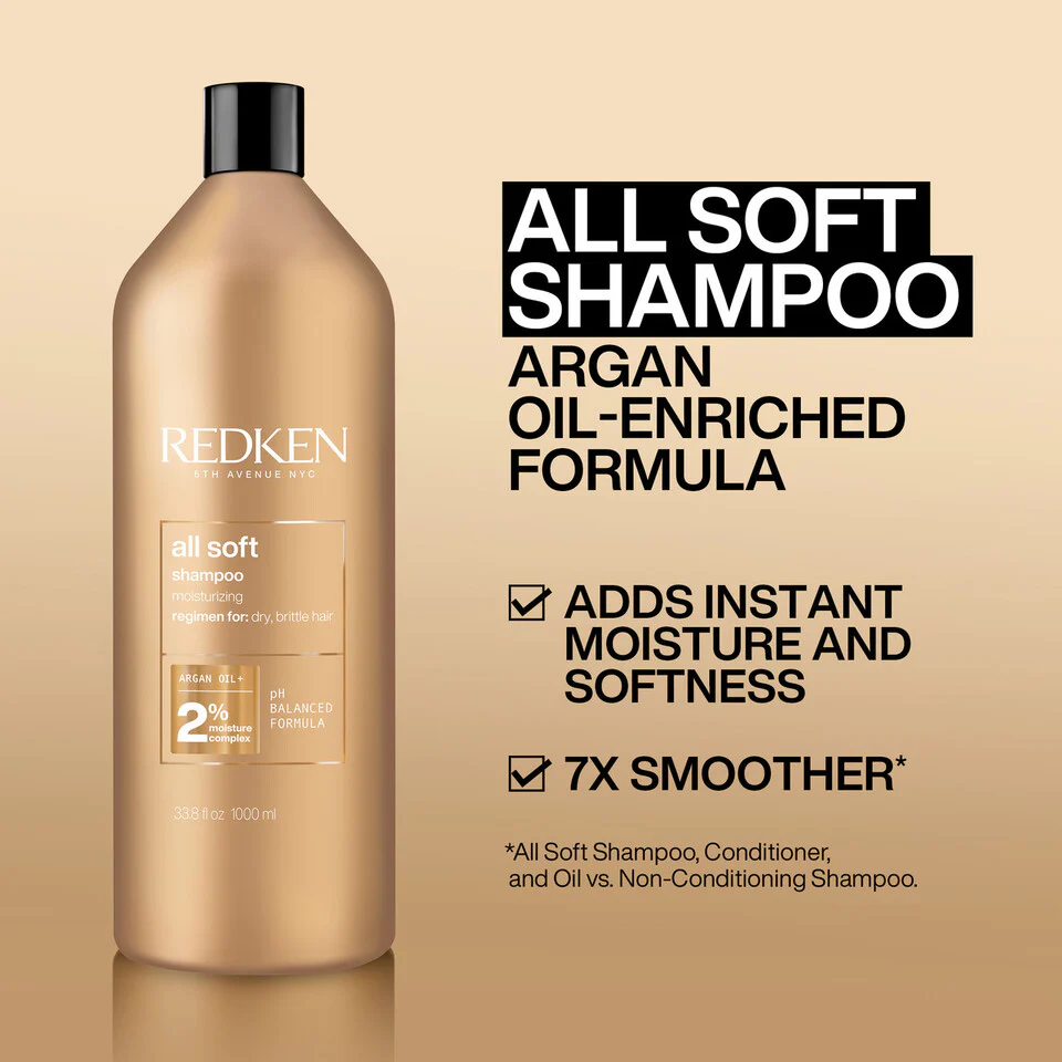 Redken All Soft Shampoo 33.8 oz argan oil hydrating formula for dry hair softness and shine